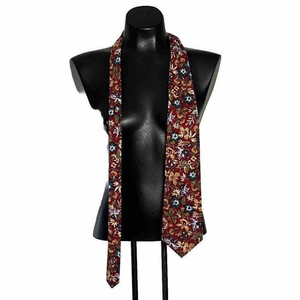 Reed St James Mens Floral Necktie Burgundy Red Blue Botanical Print USA Made‎